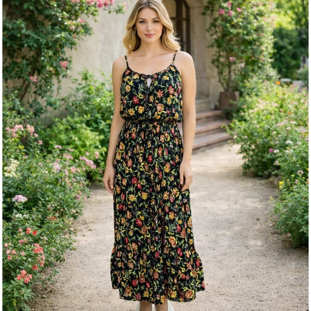 Kate Spade Cover Up Maxi Dress XL‎ Rooftop Garden Floral Black Tiered Boho